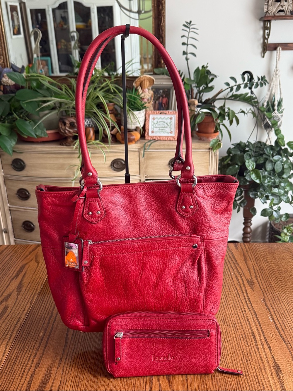 Tignanello Women's Red Pebbled Shoulder Bag & Wallet, Silver Hardware Pockets